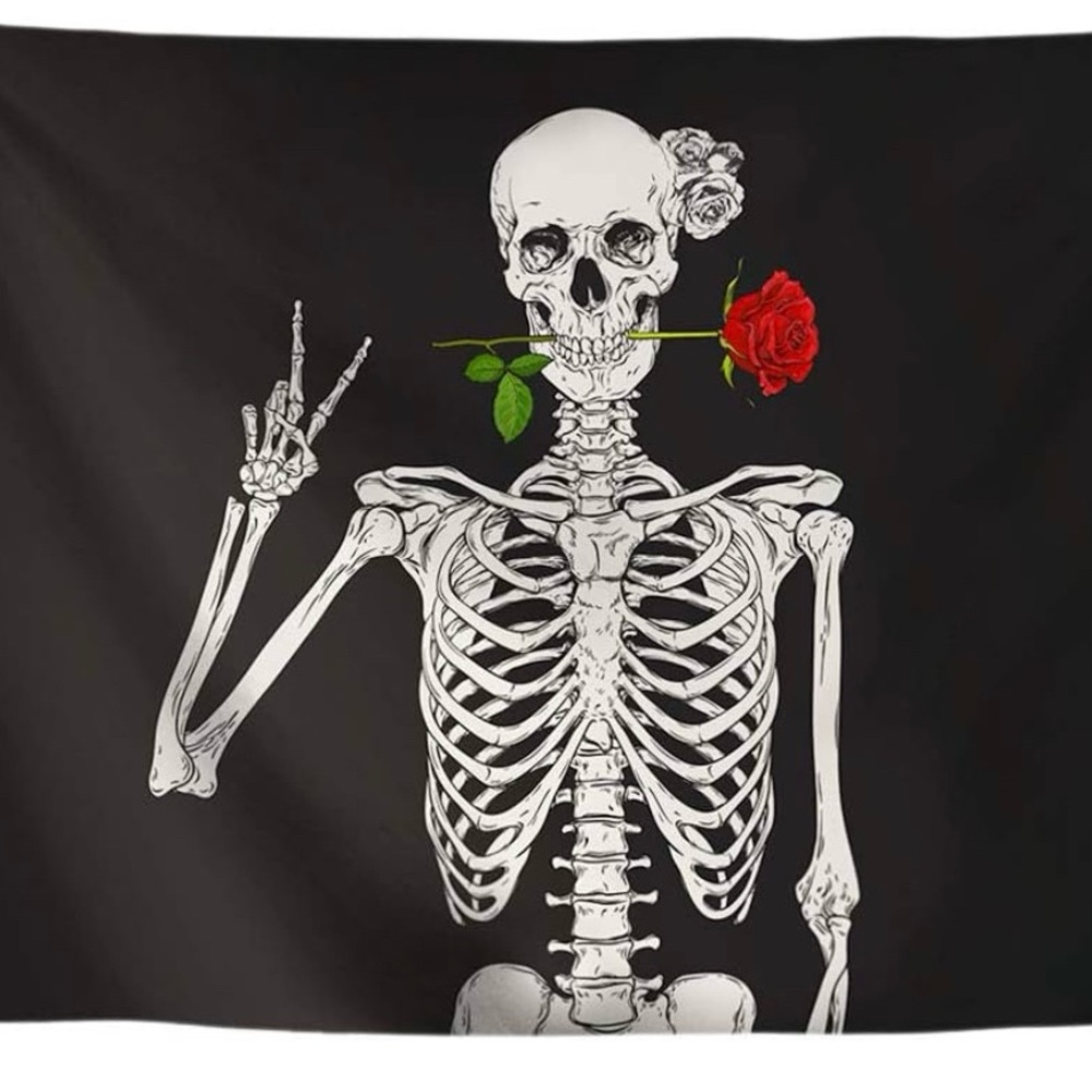 Black Skeleton Wall Tapestry with Red Rose